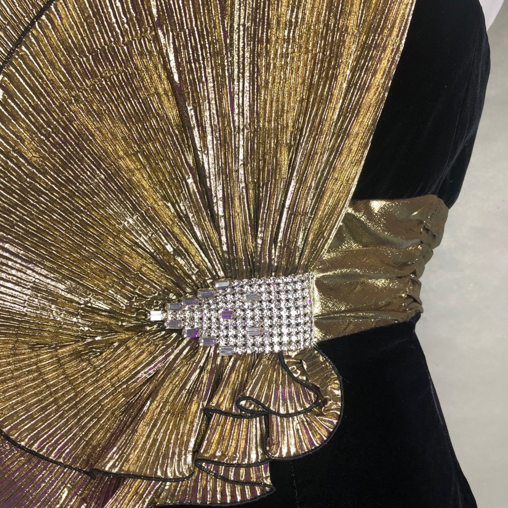 Vintage Art Deco Cocktail Dress M Black Velvet Gold Origami Fan Dave & Johnny - Picture 5 of 8